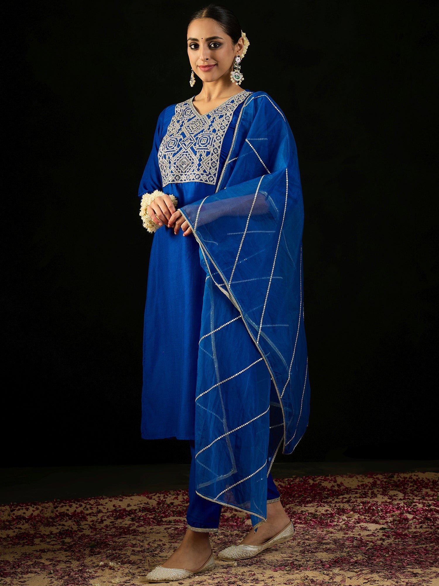 Indo Era Blue Embroidered Straight Kurta Trousers With Dupatta set