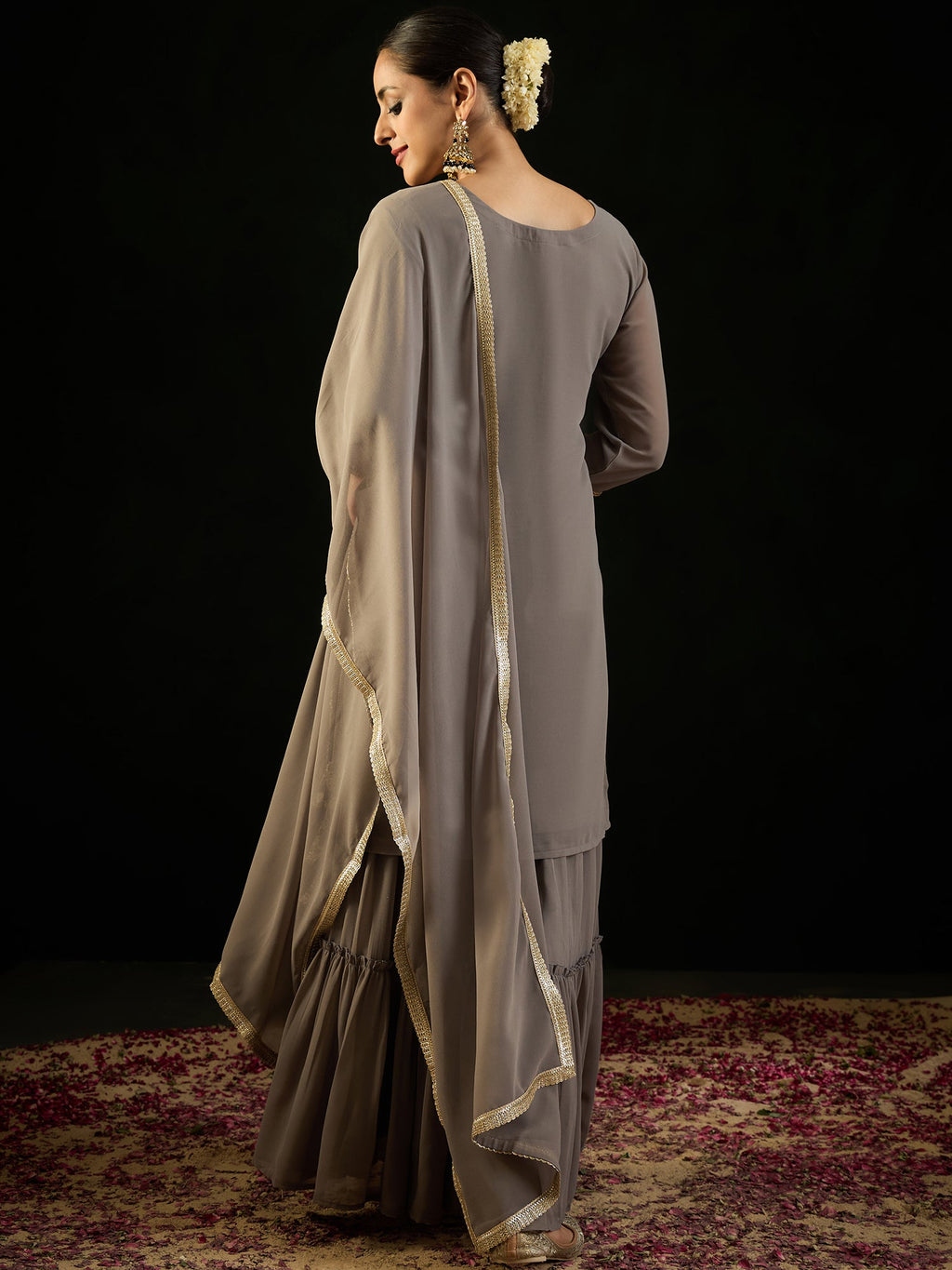 Indo Era Grey Embroidered Straight Kurta Sharara With Dupatta set