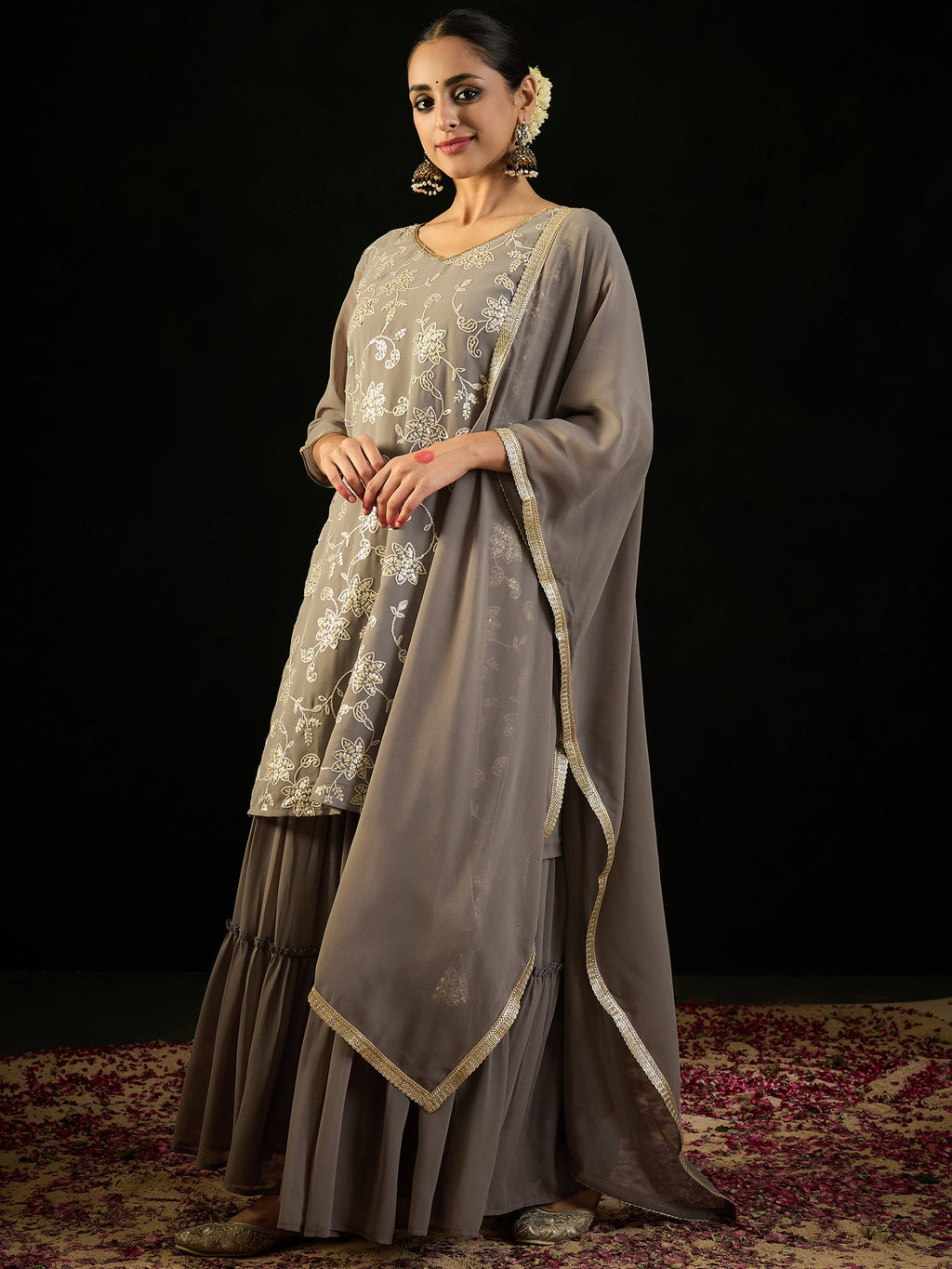 Indo Era Grey Embroidered Straight Kurta Sharara With Dupatta set