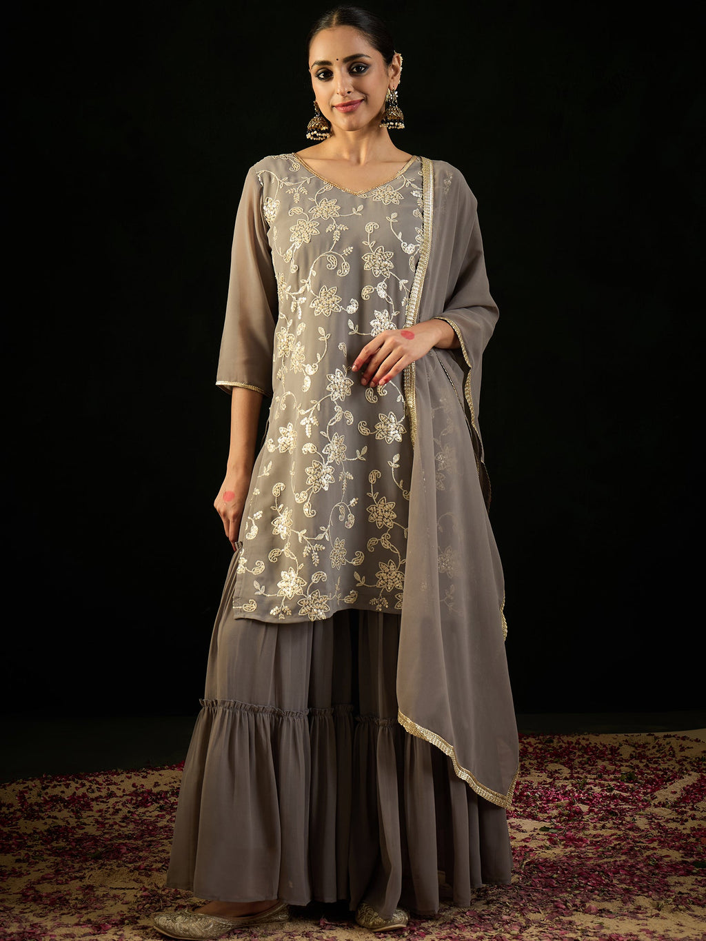 Indo Era Grey Embroidered Straight Kurta Sharara With Dupatta set