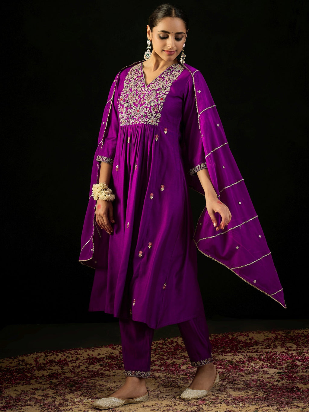 Indo Era Purple Embroidered A-Line Kurta Trousers With Dupatta set