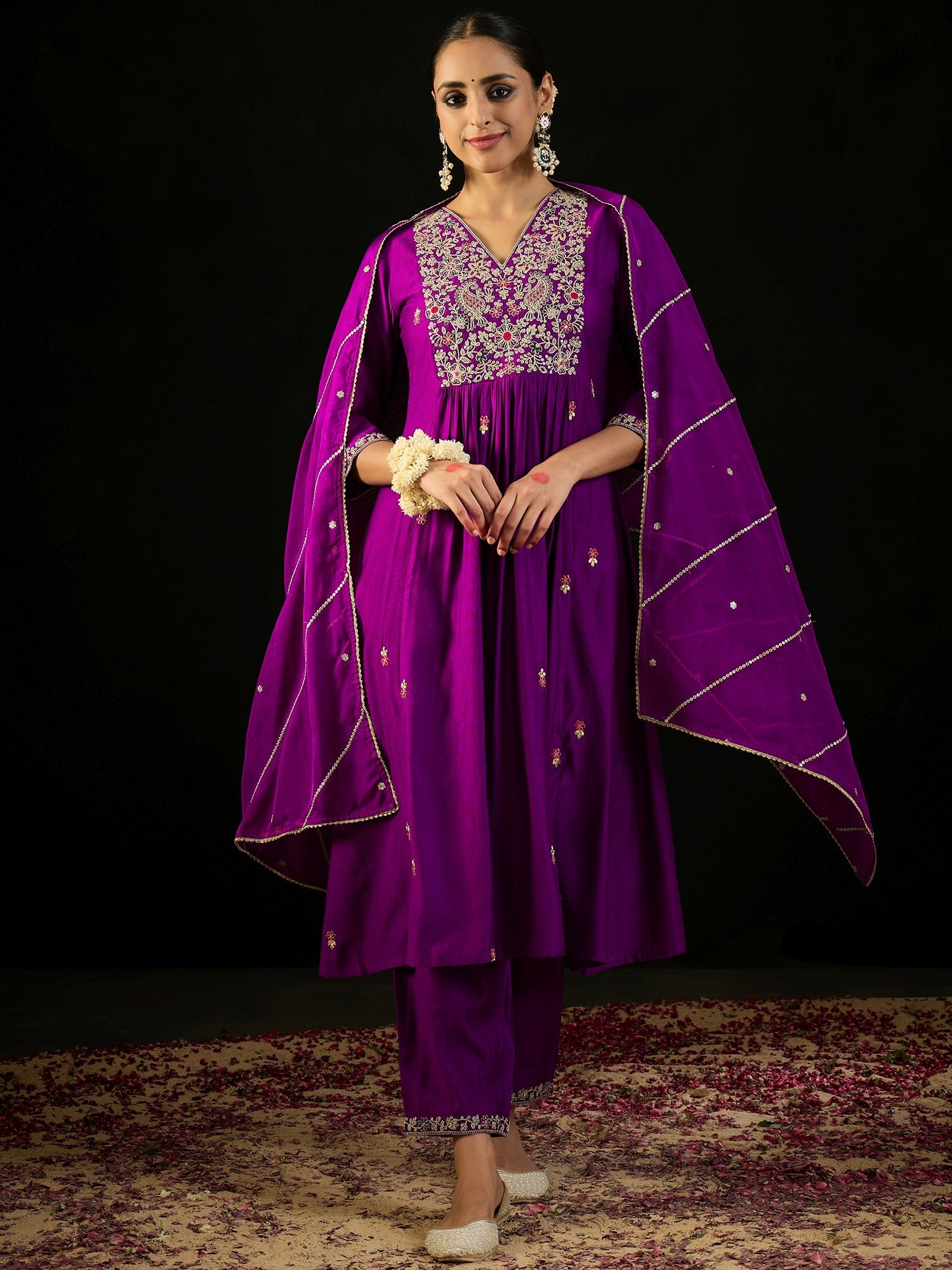 Indo Era Purple Embroidered A-Line Kurta Trousers With Dupatta set