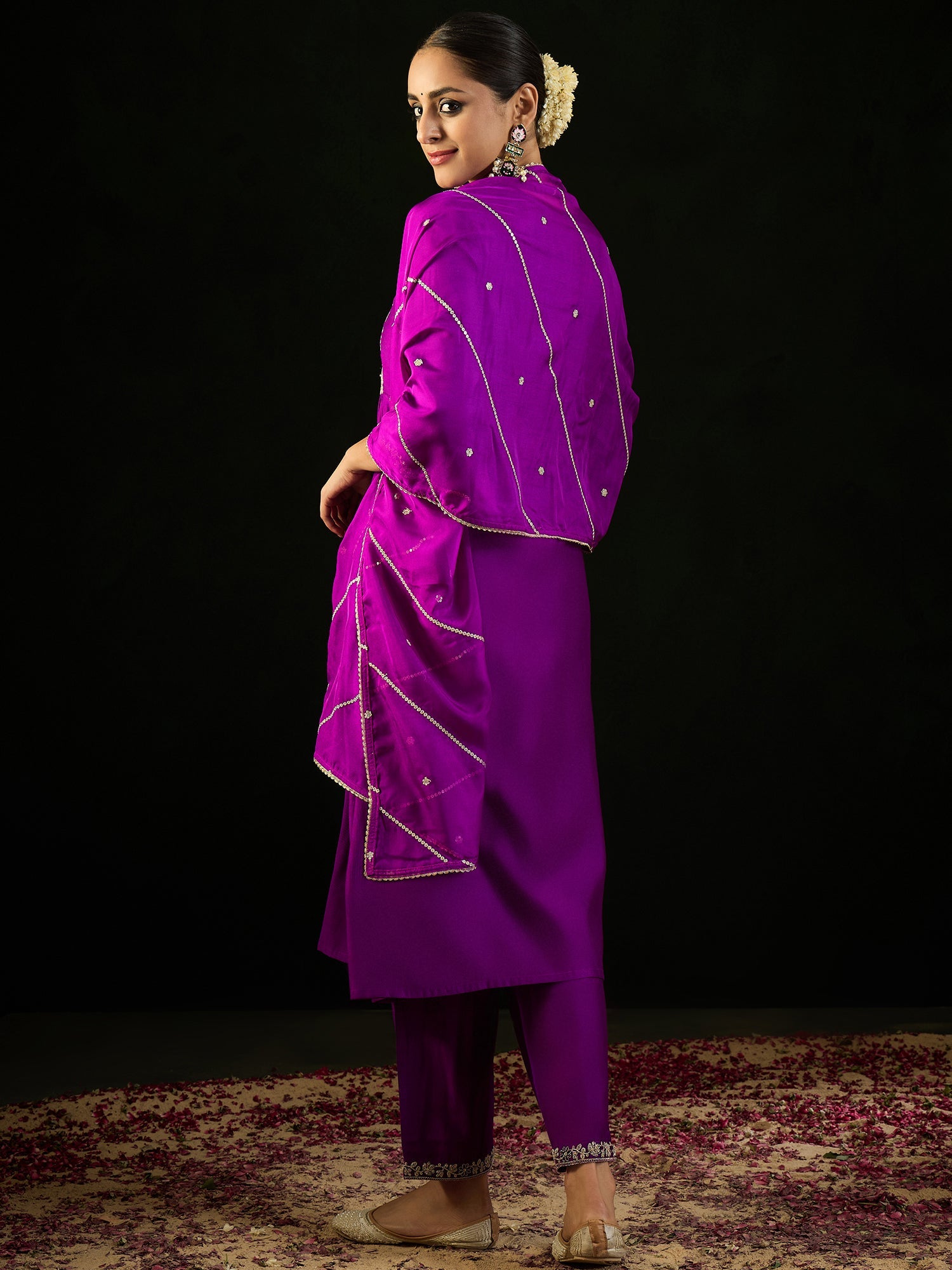 Indo Era Purple Embroidered A-Line Kurta Trousers With Dupatta set