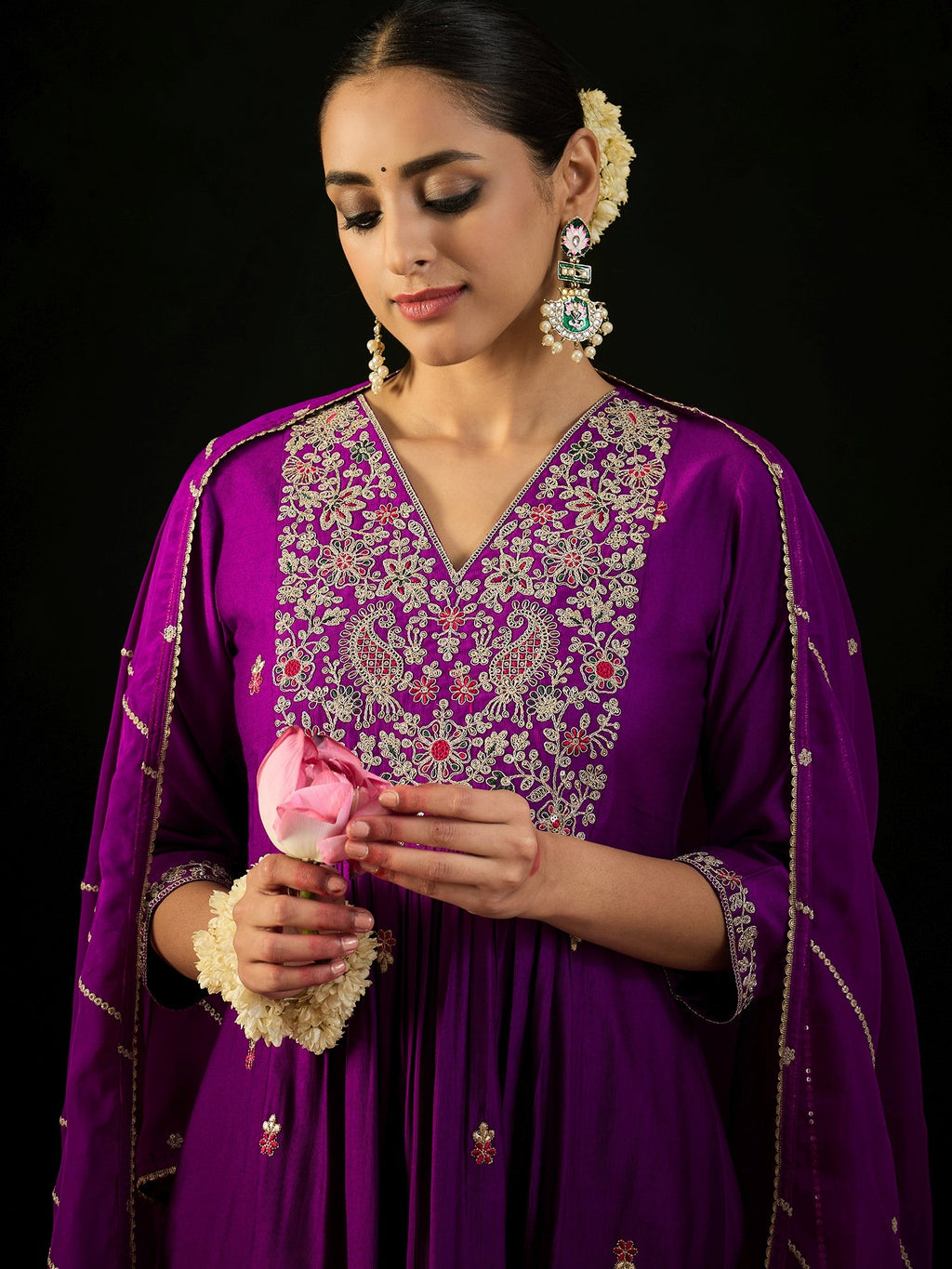 Indo Era Purple Embroidered A-Line Kurta Trousers With Dupatta set