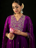Indo Era Purple Embroidered A-Line Kurta Trousers With Dupatta set