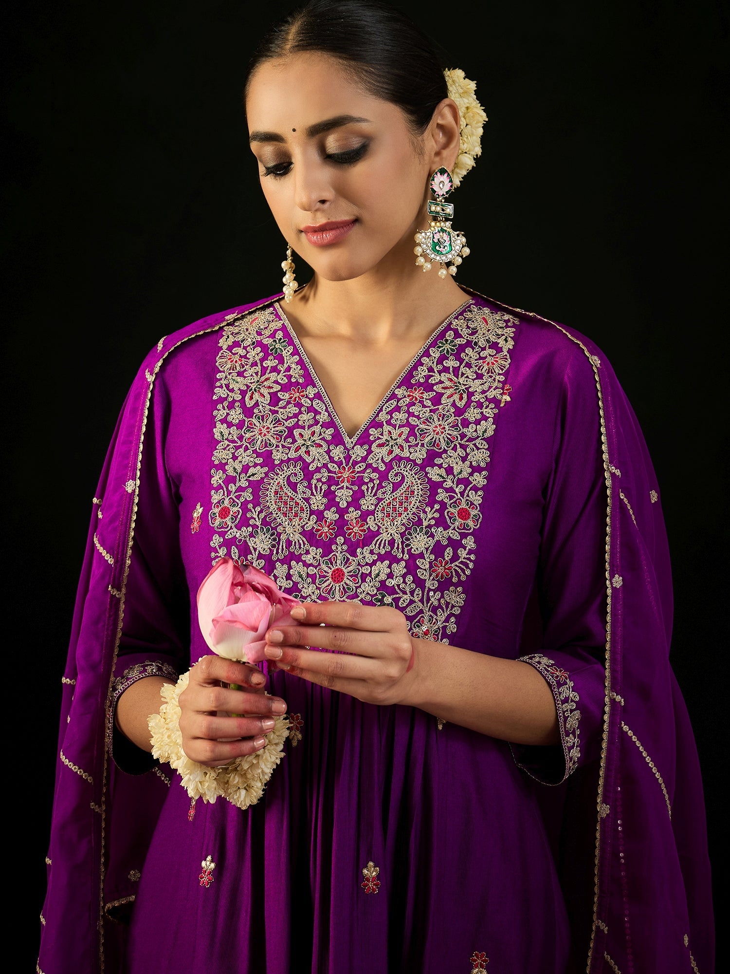 Indo Era Purple Embroidered A-Line Kurta Trousers With Dupatta set