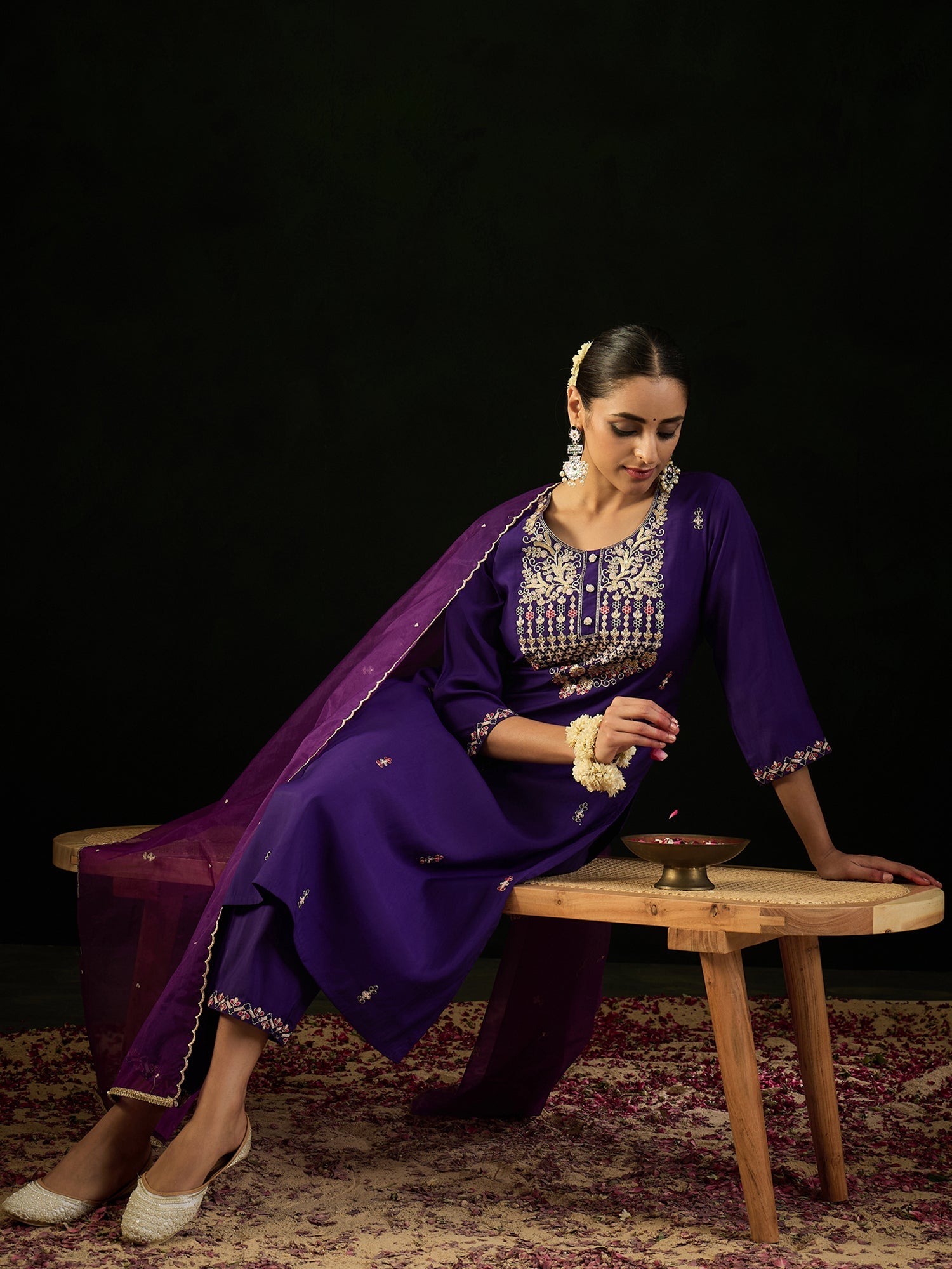 Indo Era Purple Embroidered Straight Kurta Trousers With Dupatta Set