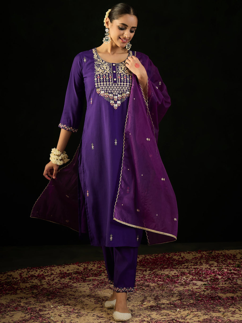 Indo Era Purple Embroidered Straight Kurta Trousers With Dupatta Set