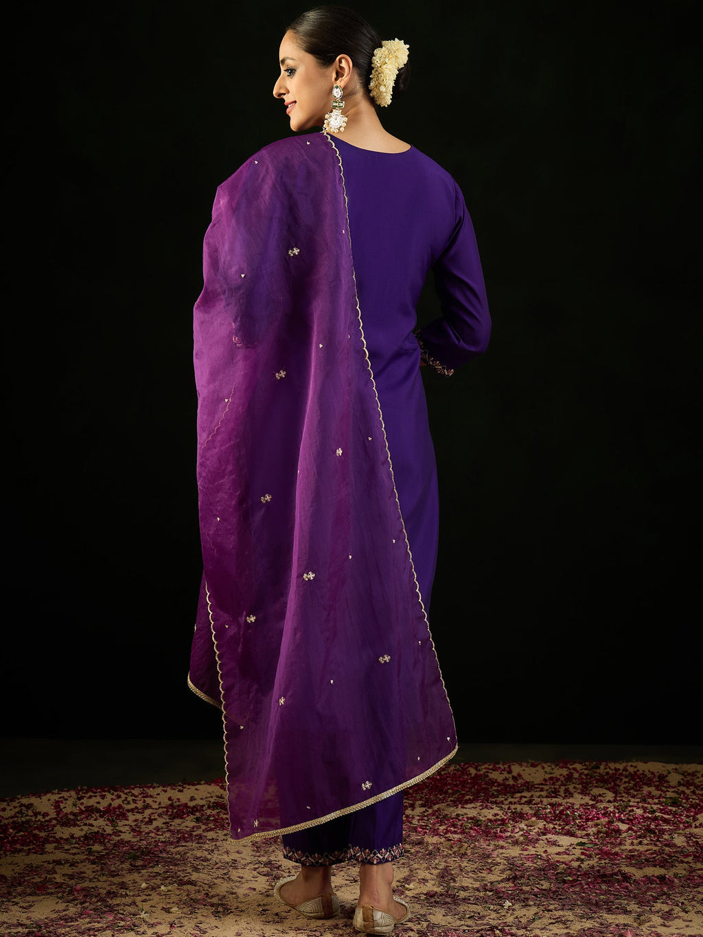 Indo Era Purple Embroidered Straight Kurta Trousers With Dupatta Set
