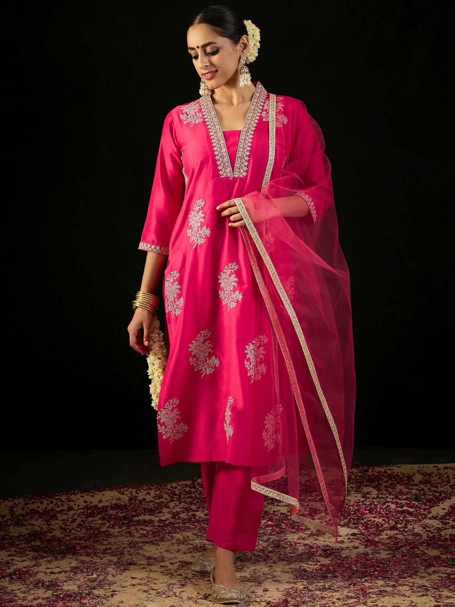 Indo Era Magenta Embroidered Straight Kurta Trousers With Dupatta set