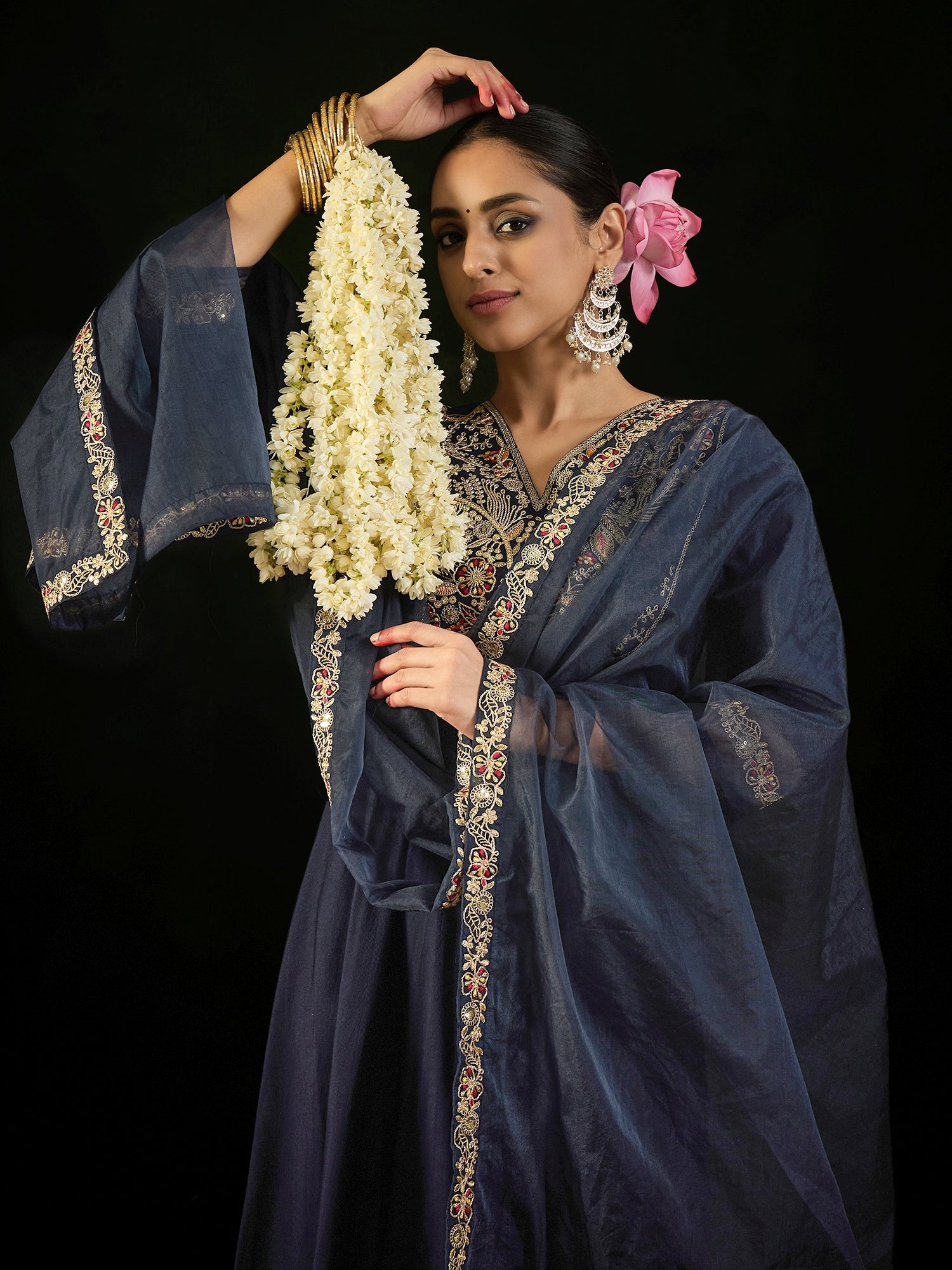 Indo Era Navy Blue Embroidered A-Line Kurta Trousers set