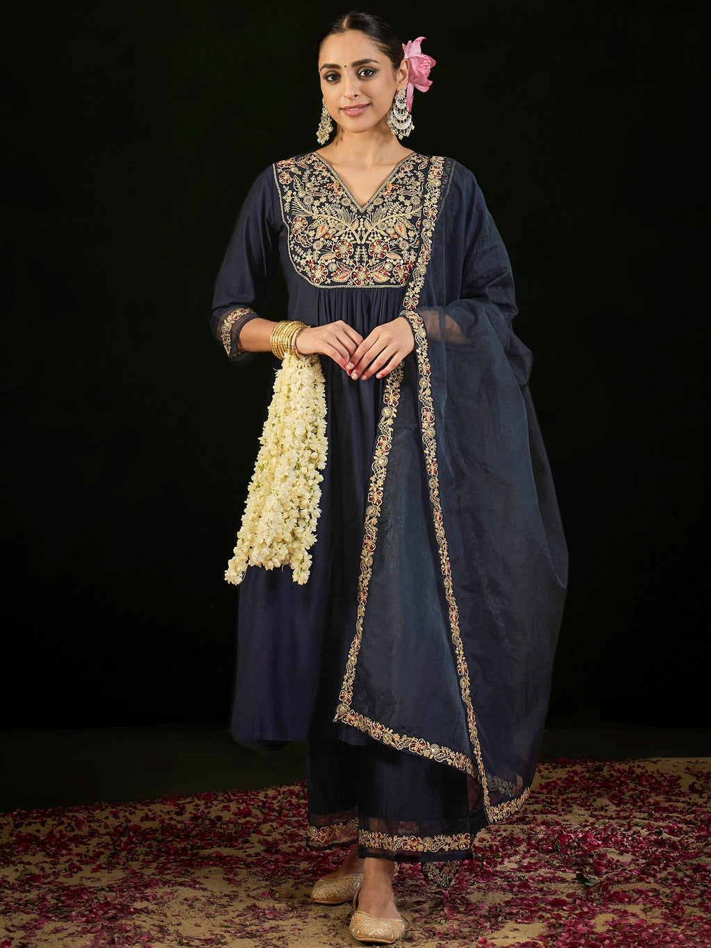 Indo Era Navy Blue Embroidered A-Line Kurta Trousers set