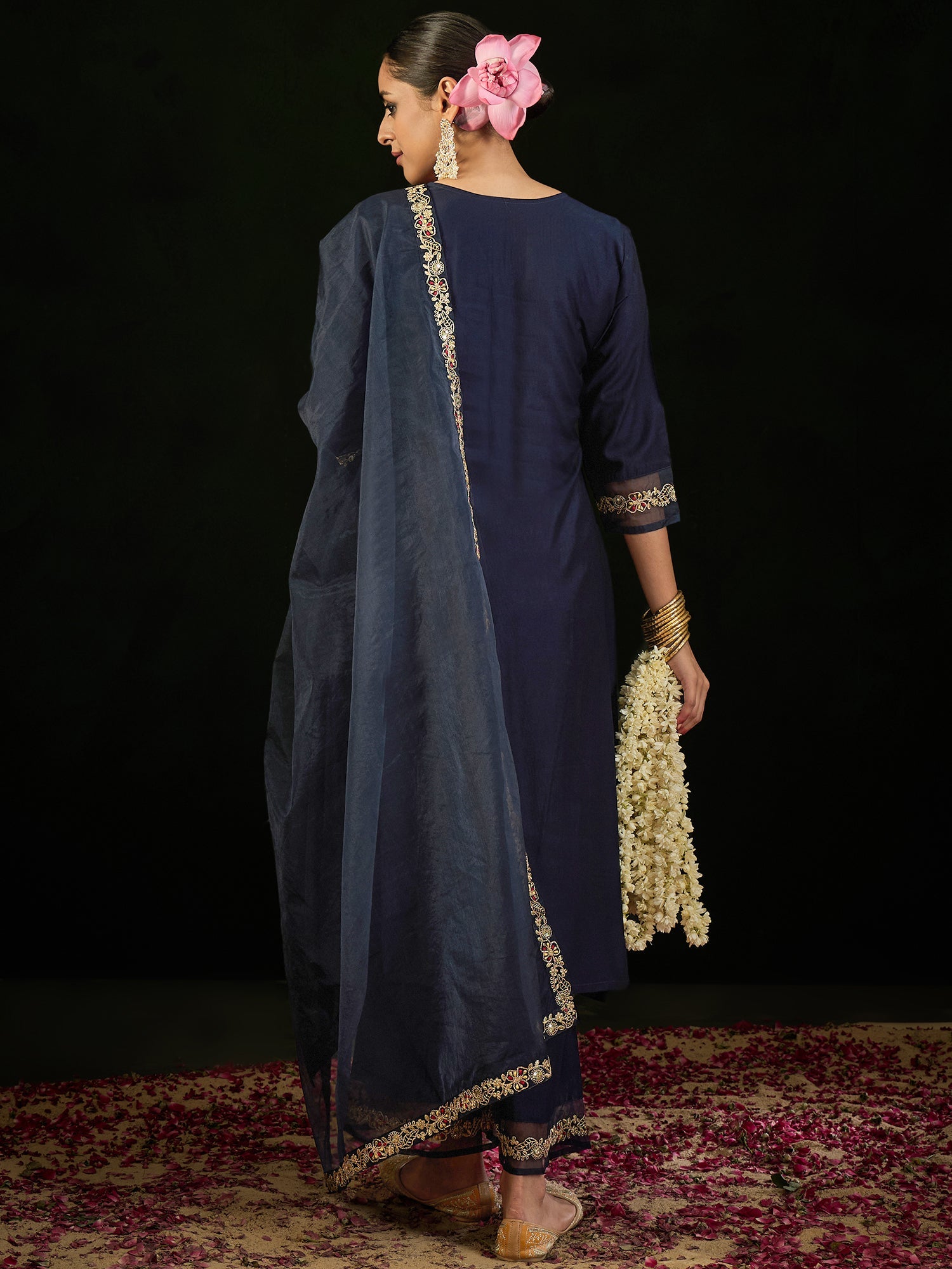 Indo Era Navy Blue Embroidered A-Line Kurta Trousers set