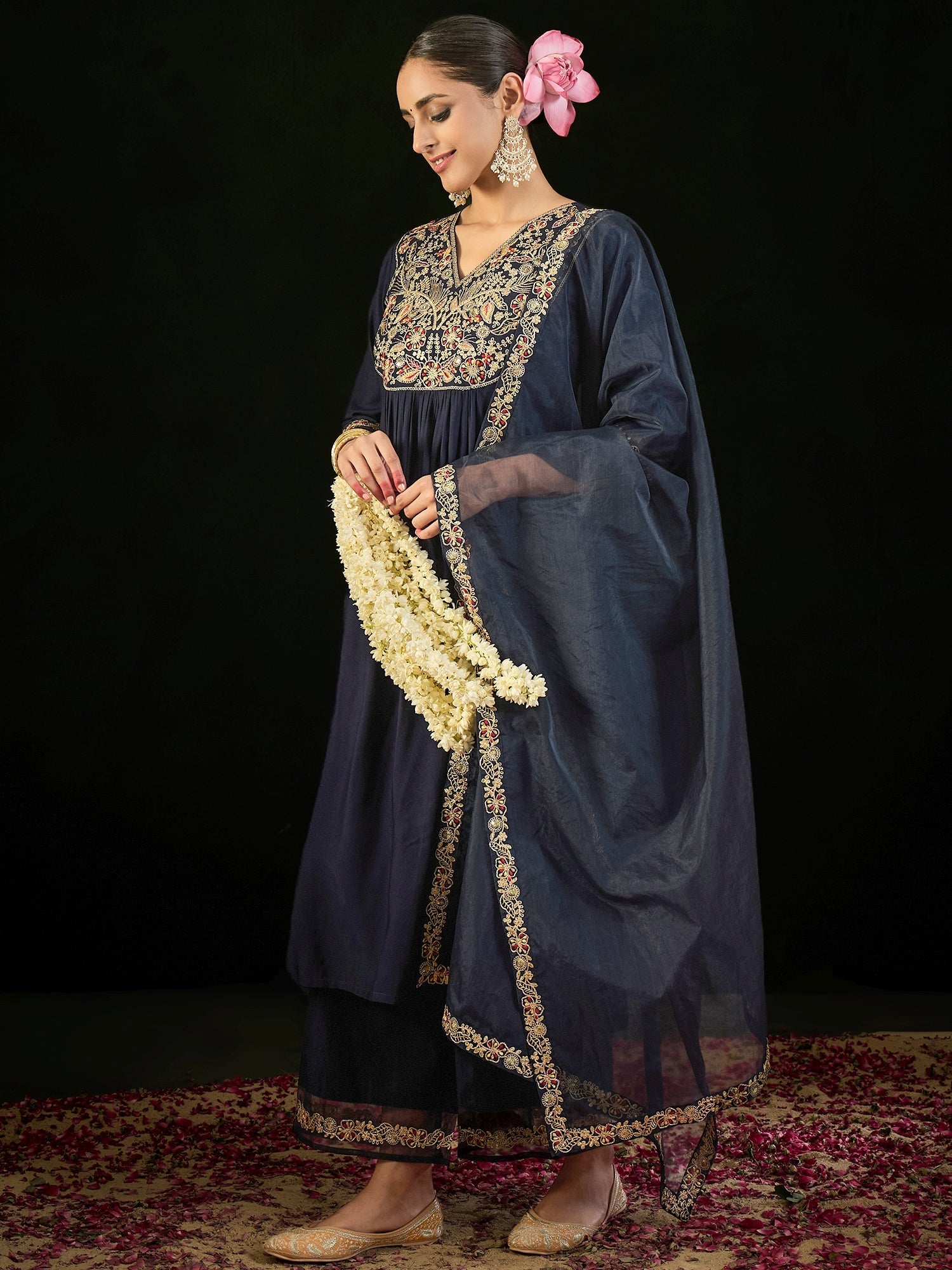Indo Era Navy Blue Embroidered A-Line Kurta Trousers set