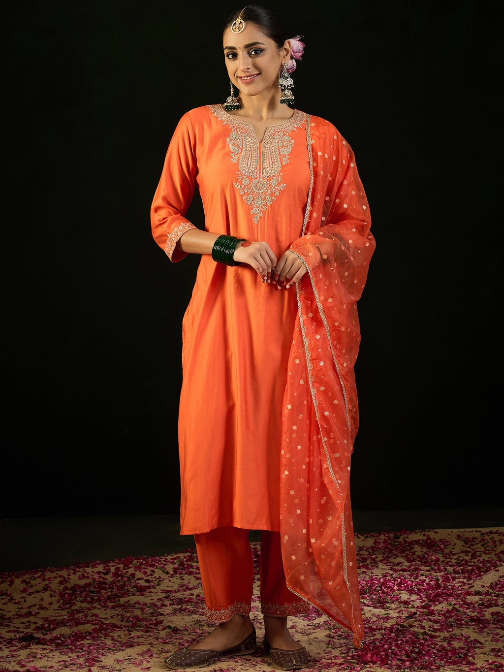 Indo Era Orange Embroidered Straight Kurta Trousers With Dupatta set