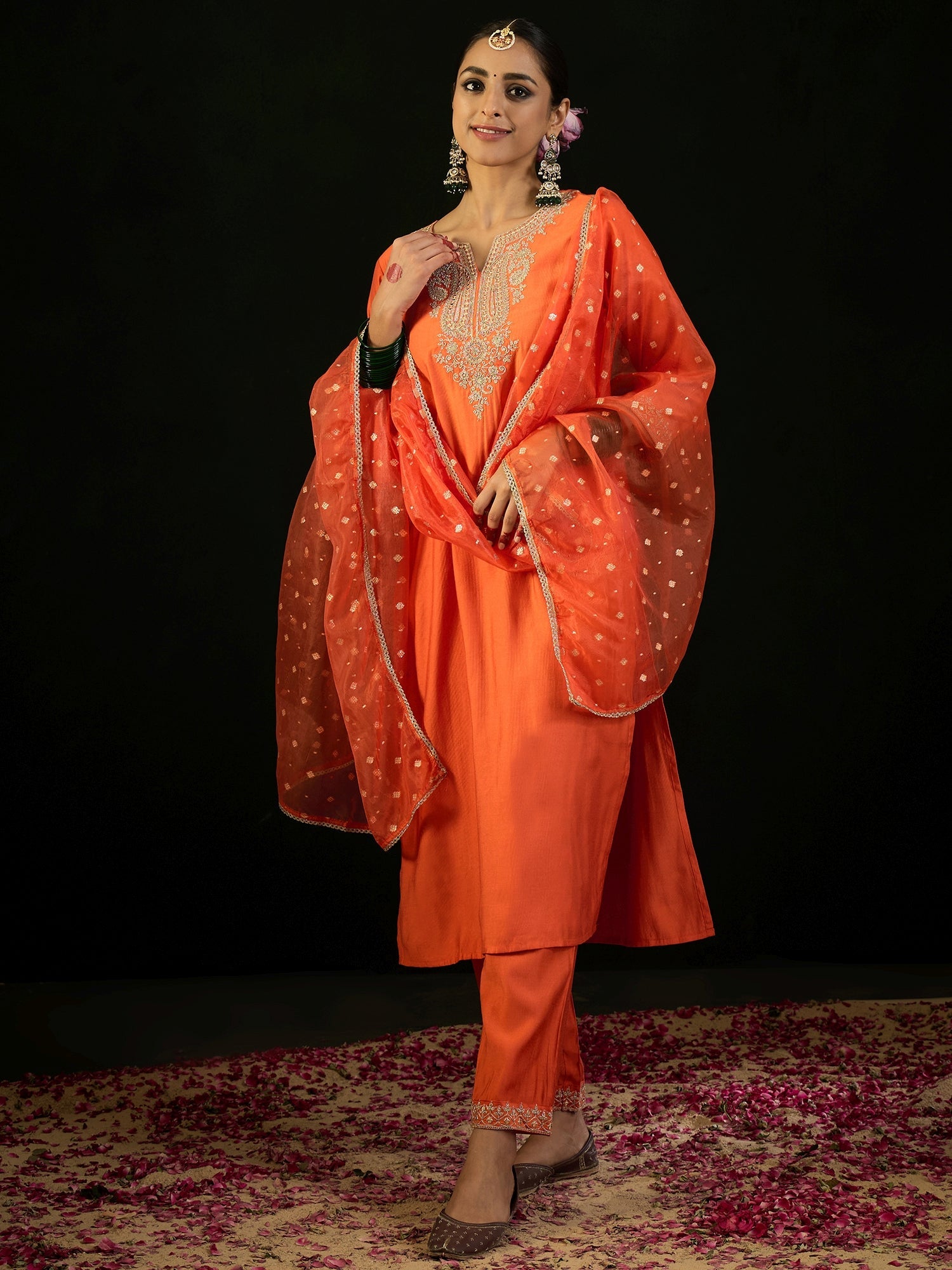 Indo Era Orange Embroidered Straight Kurta Trousers With Dupatta set