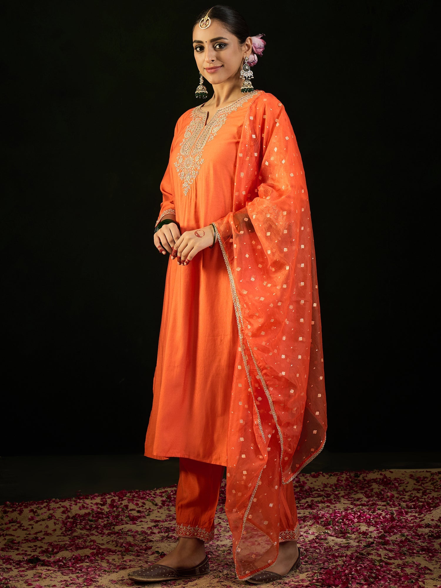 Indo Era Orange Embroidered Straight Kurta Trousers With Dupatta set