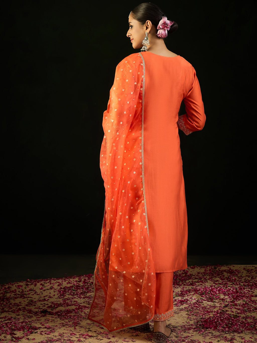 Indo Era Orange Embroidered Straight Kurta Trousers With Dupatta set