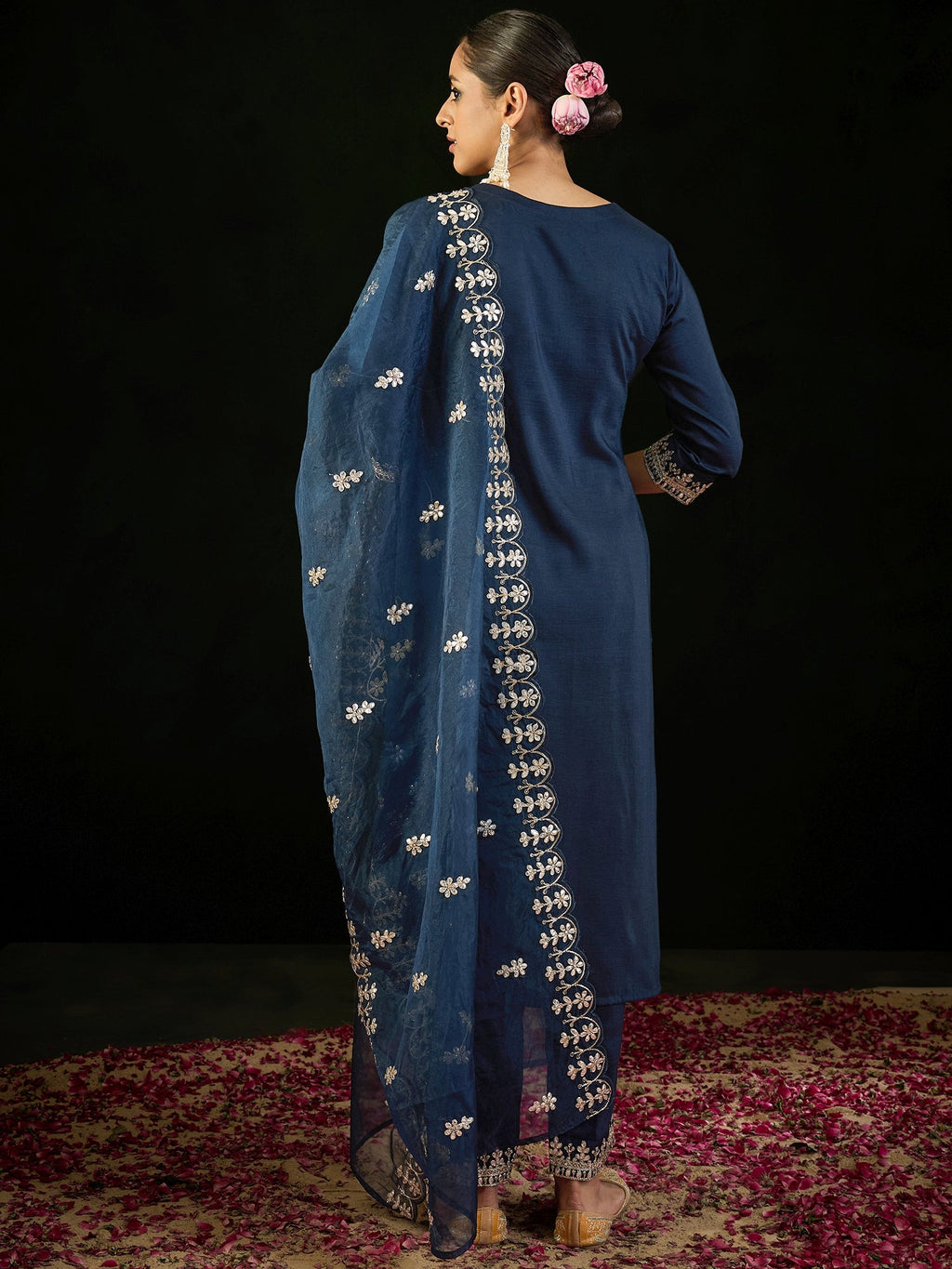 Indo Era Navy Blue Embroidered Straight Kurta Trousers With Dupatta set