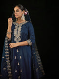 Indo Era Navy Blue Embroidered Straight Kurta Trousers With Dupatta set