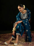 Indo Era Teal Embroidered Straight Kurta Trousers With Dupatta set