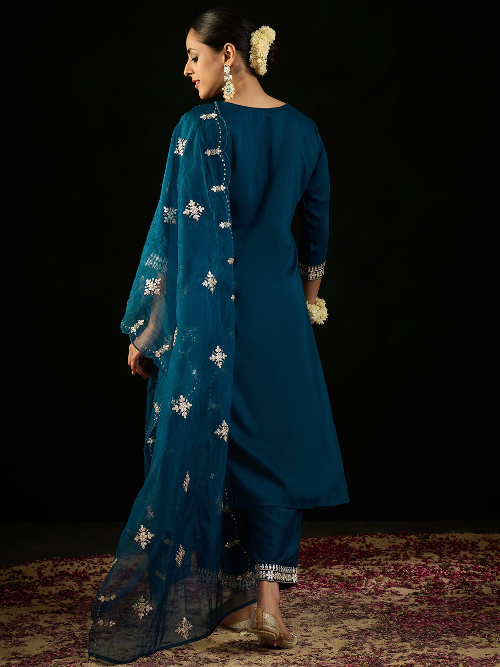 Indo Era Teal Embroidered Straight Kurta Trousers With Dupatta set