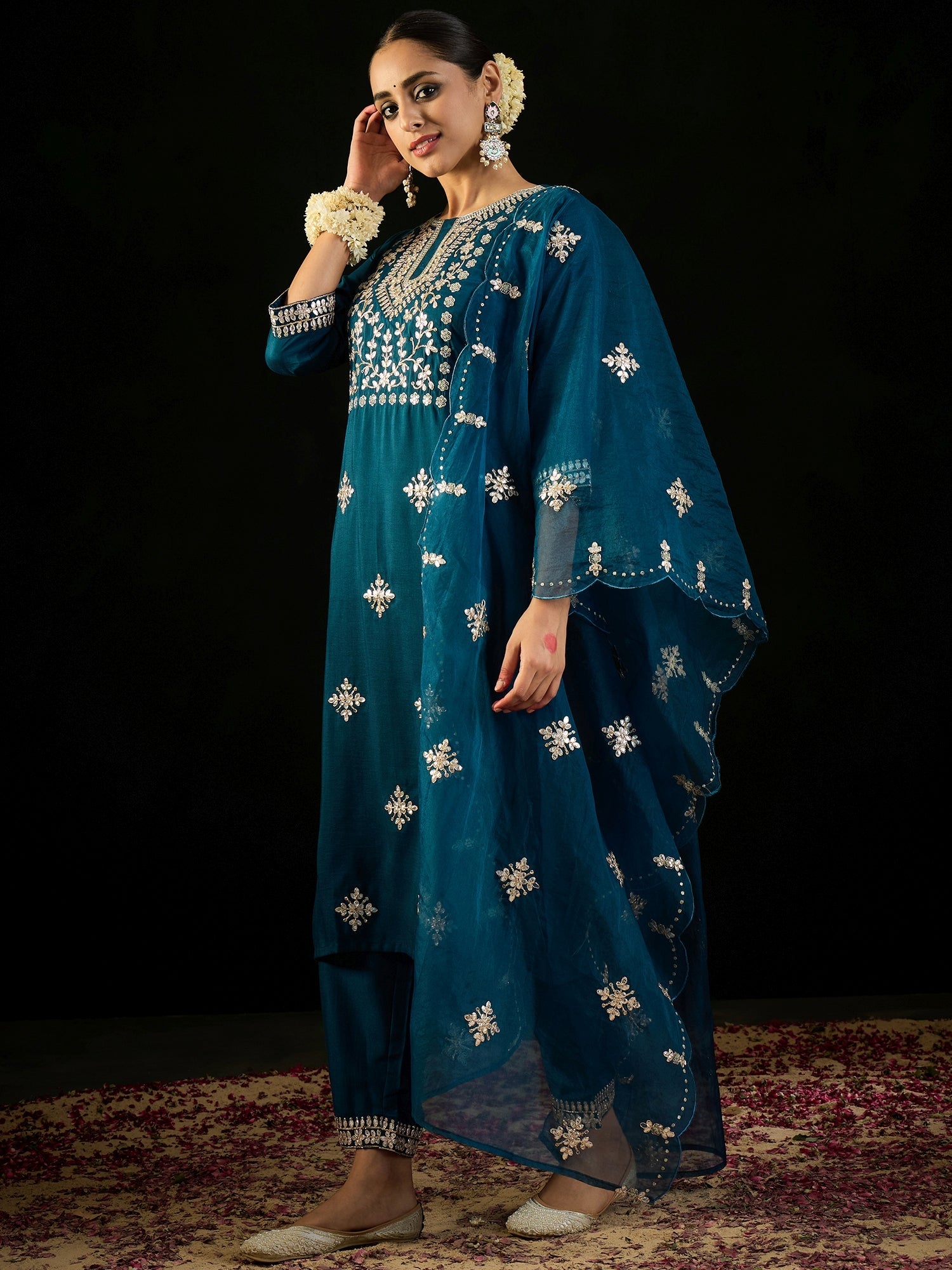 Indo Era Teal Embroidered Straight Kurta Trousers With Dupatta set