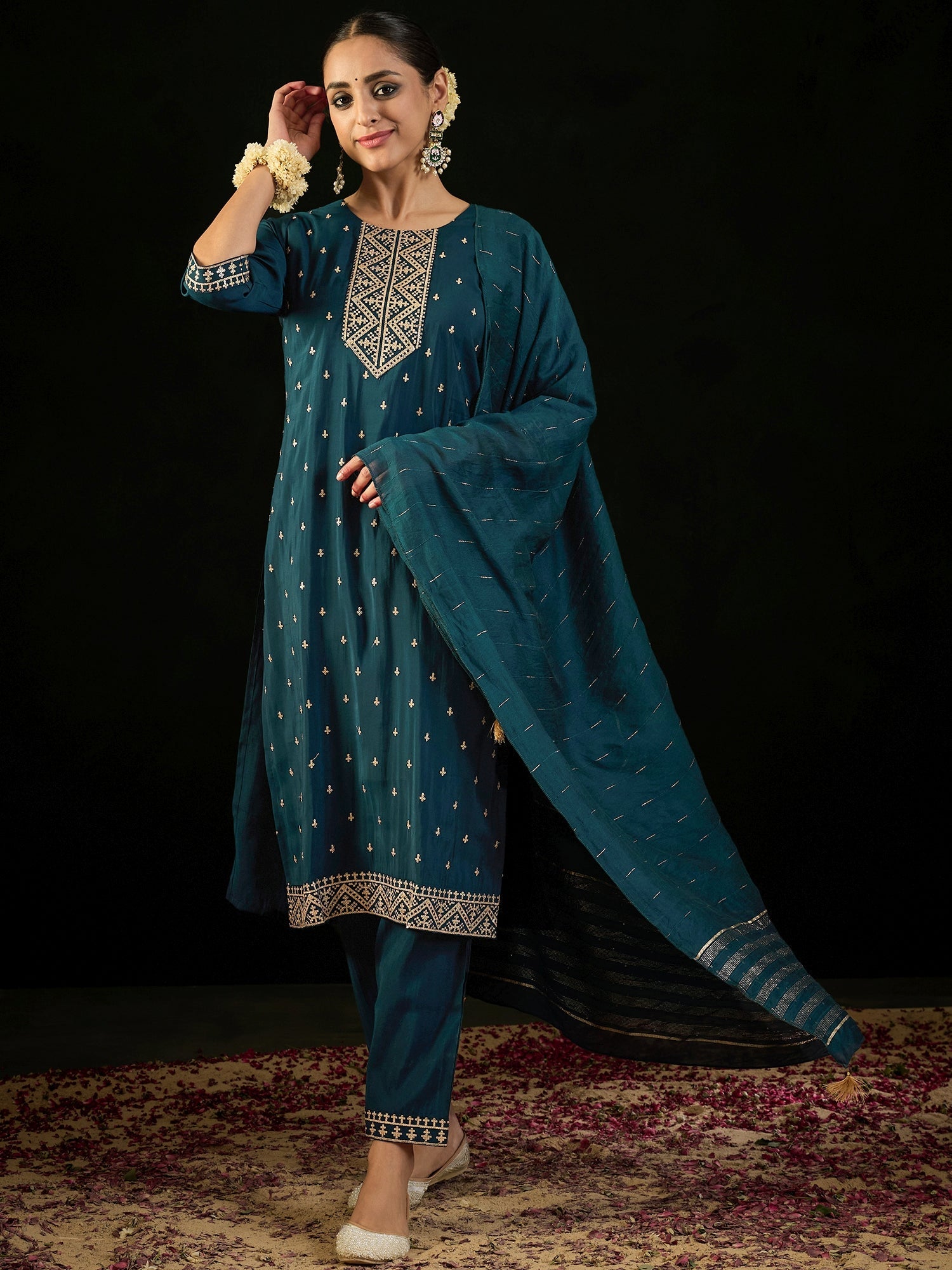 Indo Era Teal Embroidered Straight Kurta Trousers With Dupatta set
