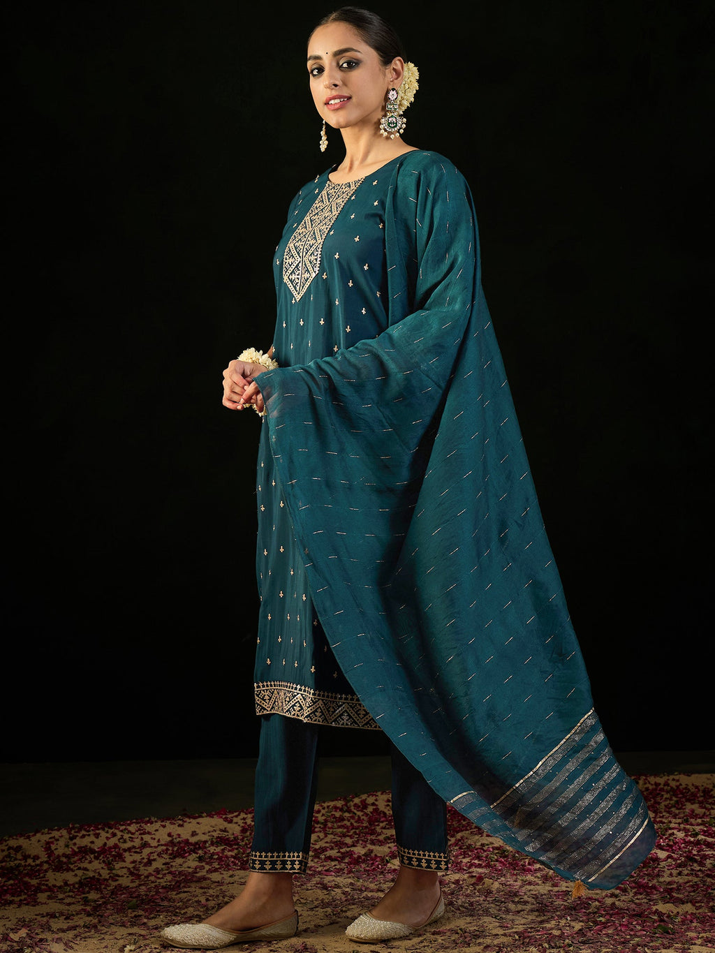 Indo Era Teal Embroidered Straight Kurta Trousers With Dupatta set