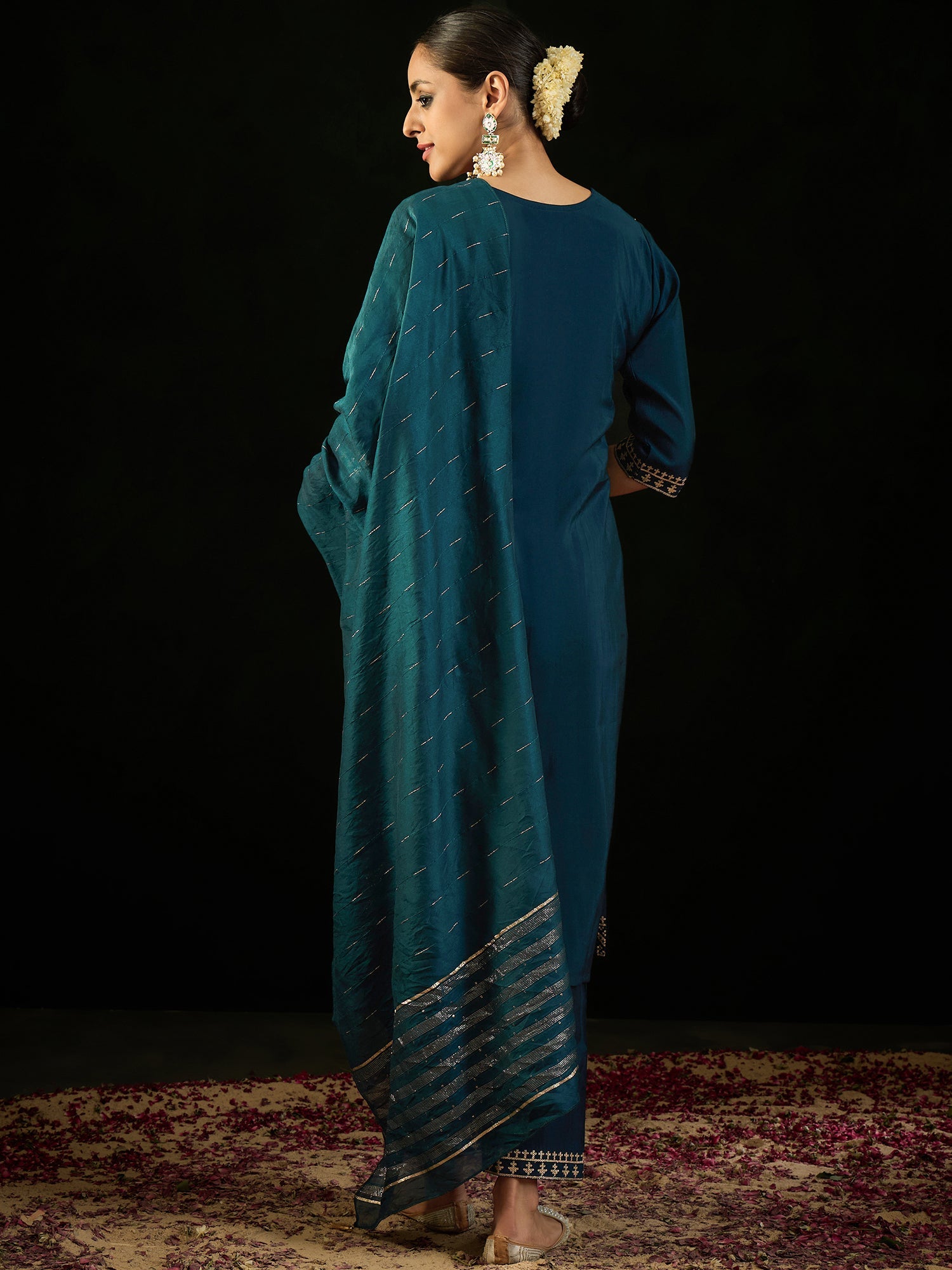 Indo Era Teal Embroidered Straight Kurta Trousers With Dupatta set