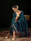 Indo Era Teal Embroidered Straight Kurta Trousers With Dupatta set