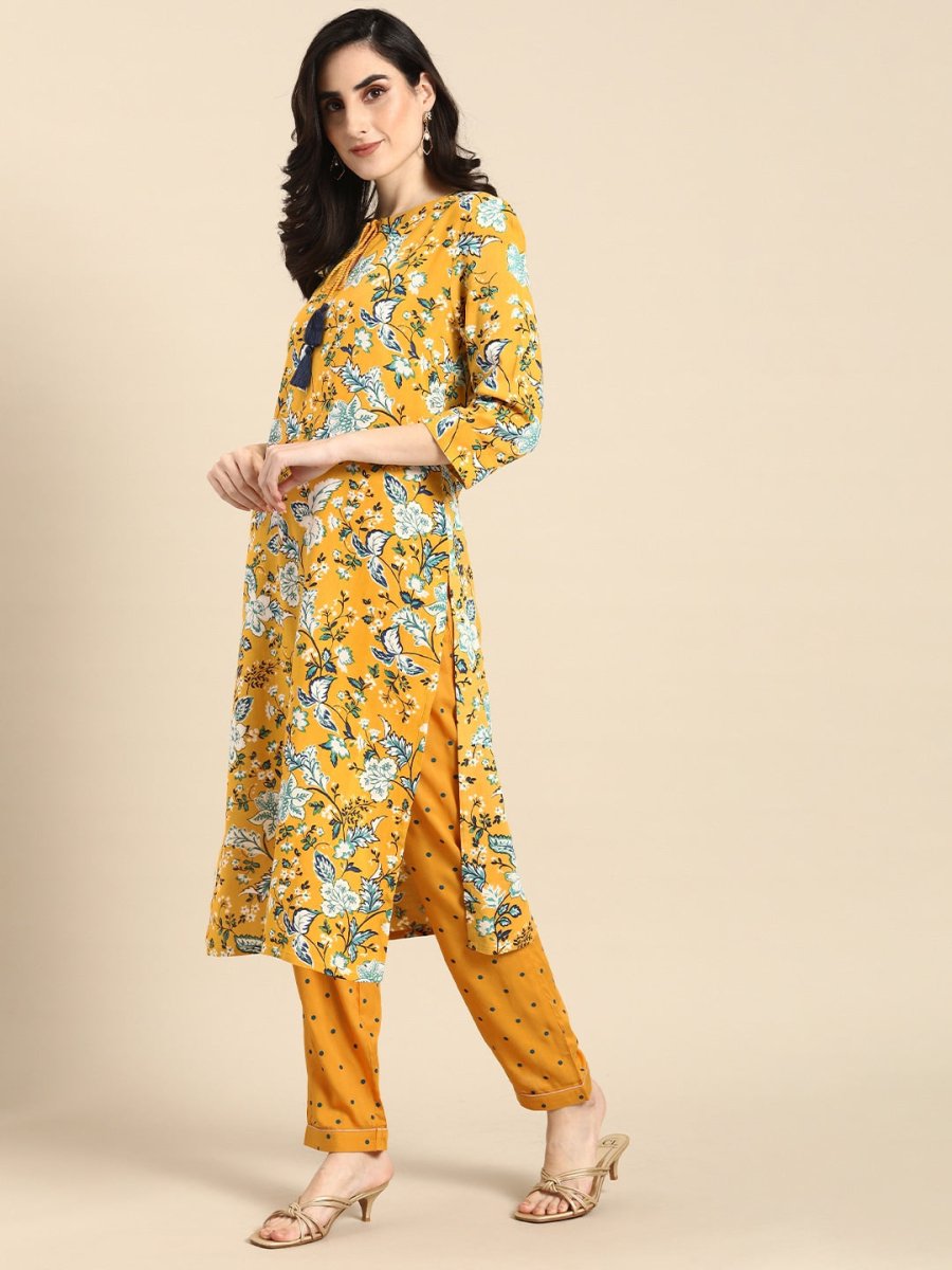 All About You Women Mustard Yellow & White Floral Printed Kurta with Trousers