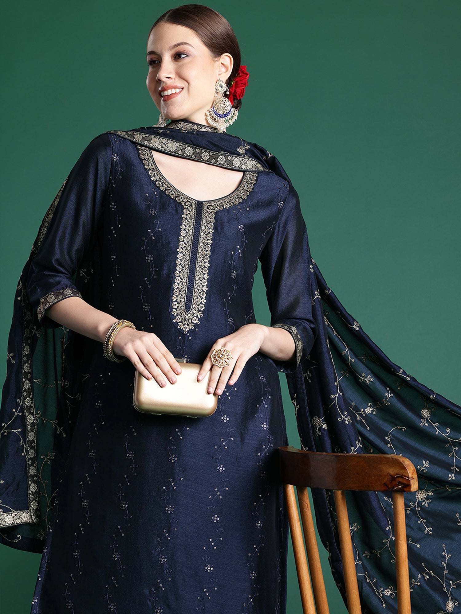 Indo Era Blue Embroidered Straight Kurta Trousers With Dupatta set