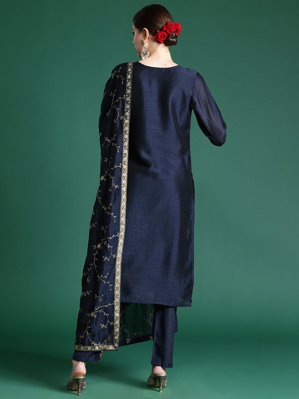Indo Era Blue Embroidered Straight Kurta Trousers With Dupatta set