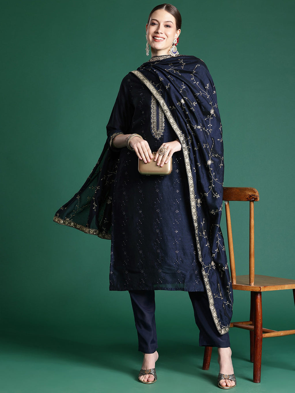 Indo Era Blue Embroidered Straight Kurta Trousers With Dupatta set