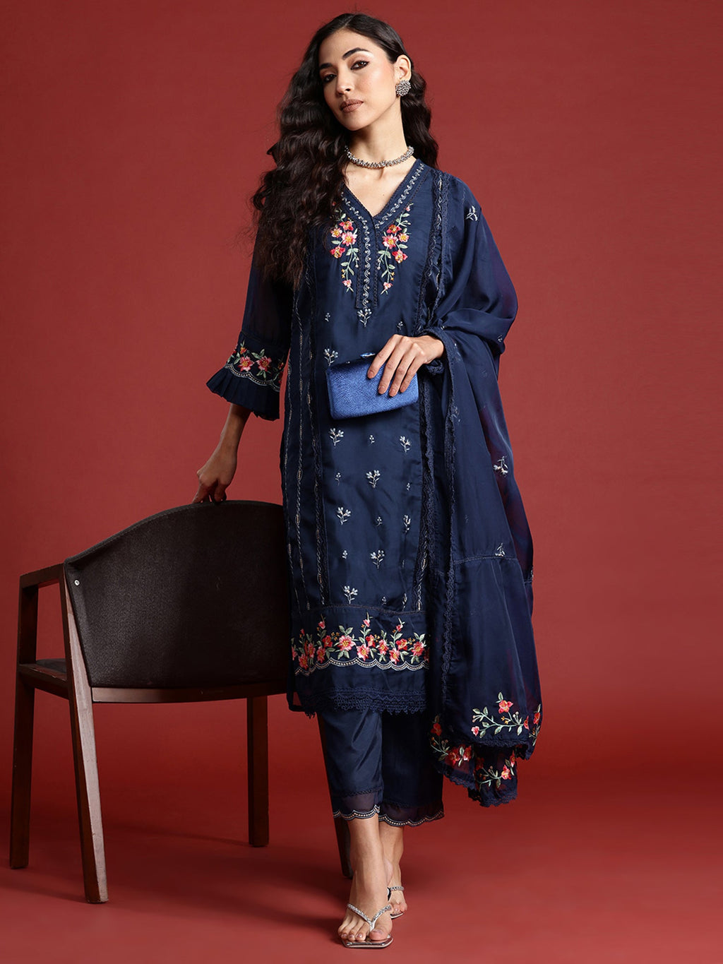 Indo Era Navy Blue Embroidered Straight Kurta Trousers With Dupatta set