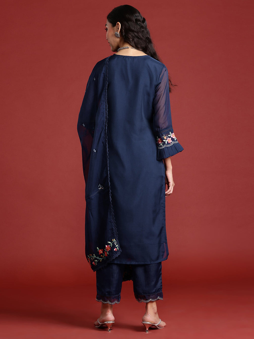 Indo Era Navy Blue Embroidered Straight Kurta Trousers With Dupatta set