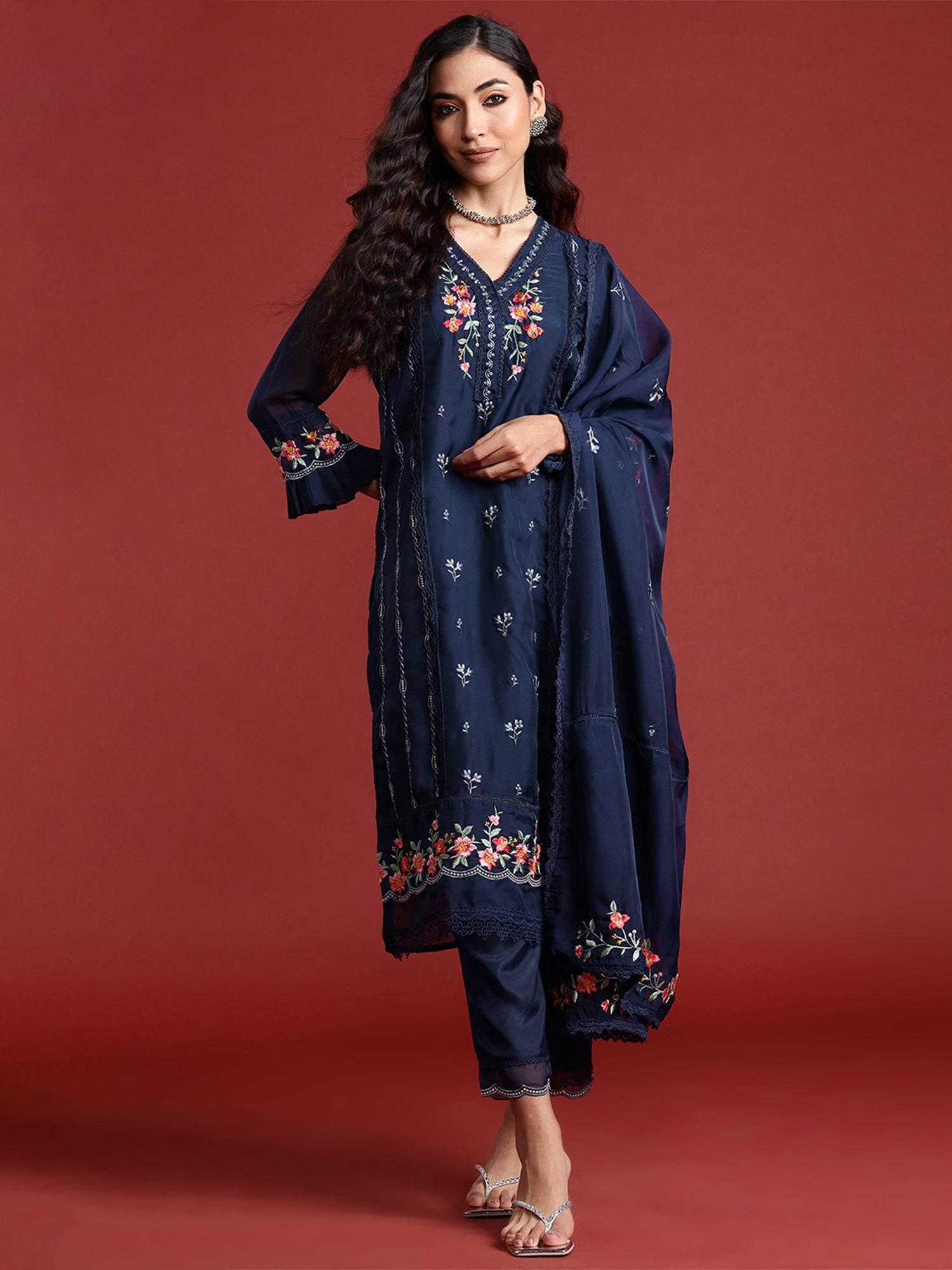 Indo Era Navy Blue Embroidered Straight Kurta Trousers With Dupatta set