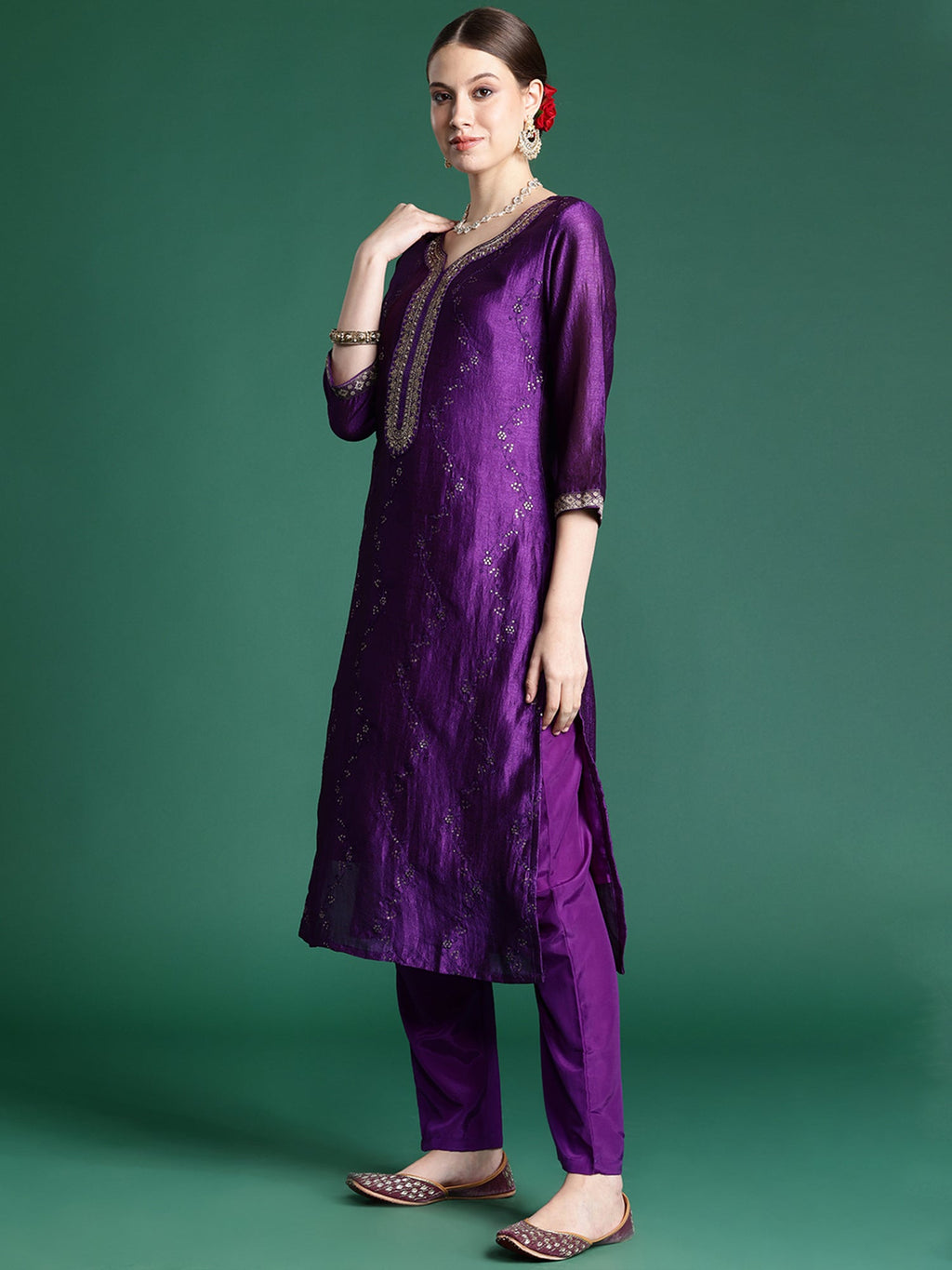 Indo Era Purple Embroidered Straight Kurta Trousers With Dupatta set