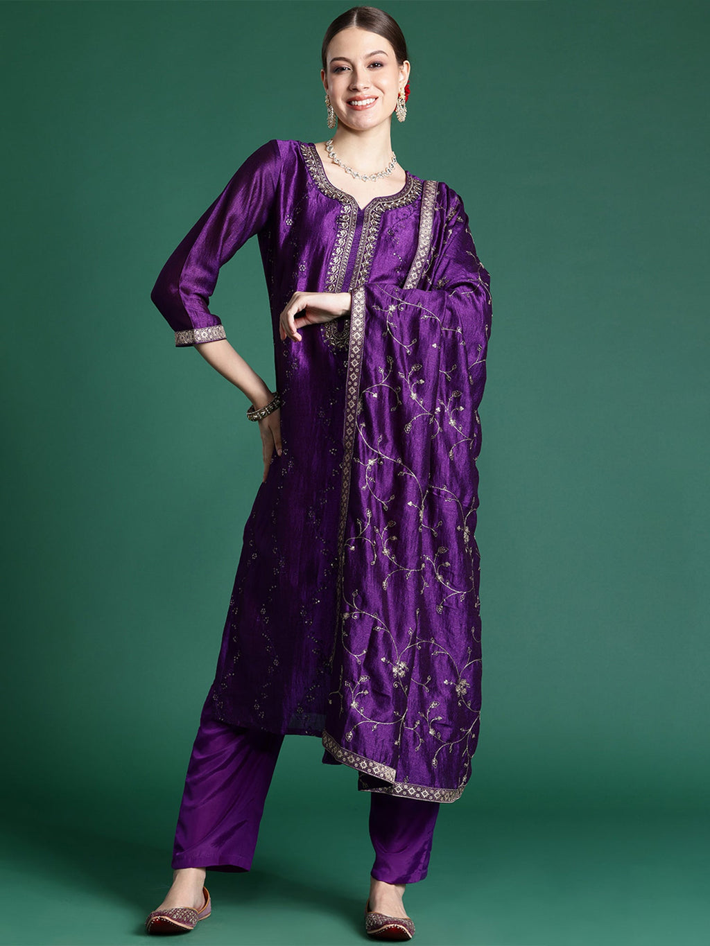 Indo Era Purple Embroidered Straight Kurta Trousers With Dupatta set