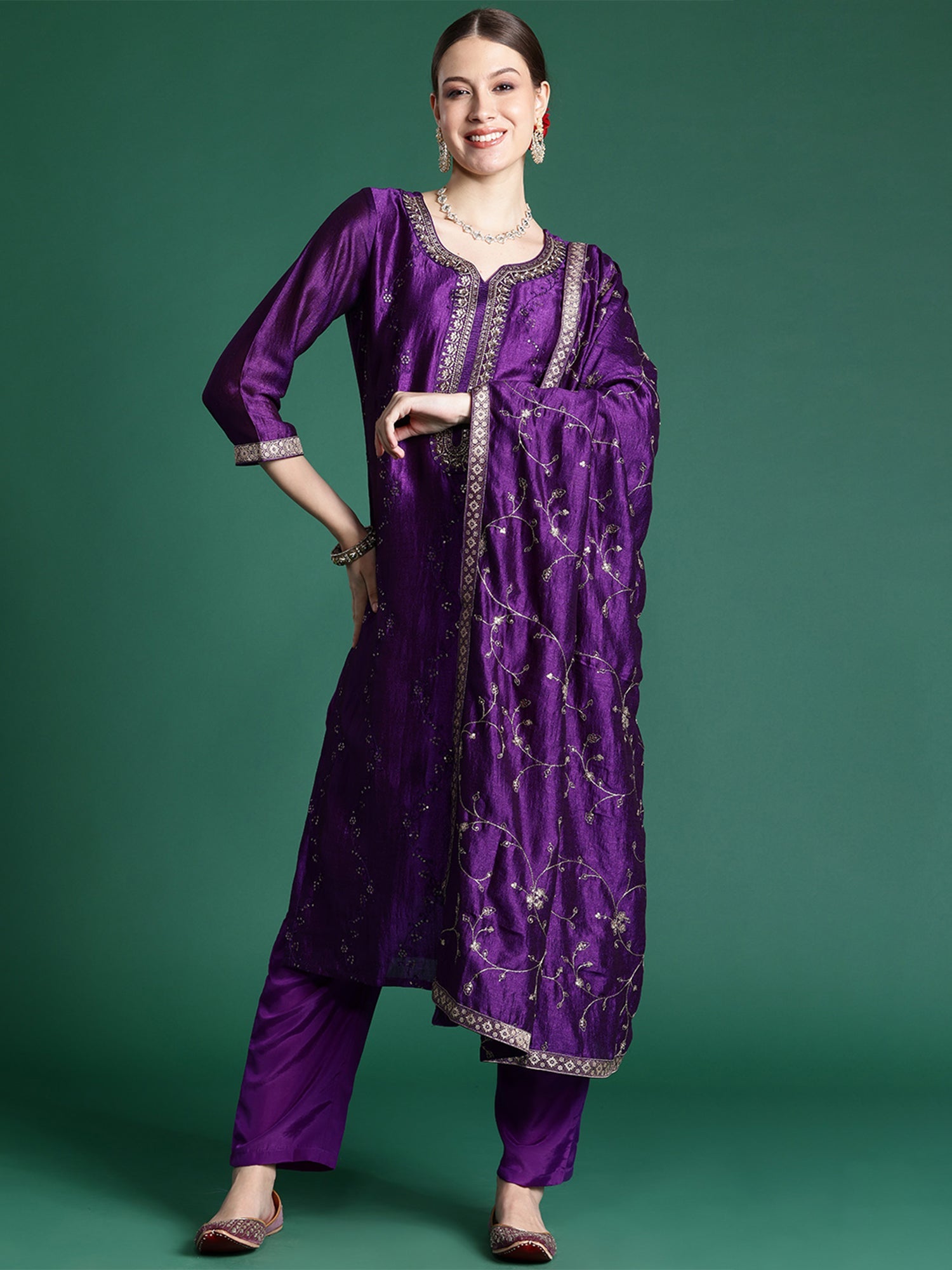 Indo Era Purple Embroidered Straight Kurta Trousers With Dupatta set