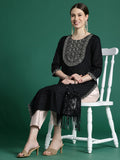 Indo Era Black Embroidered Straight Kurta