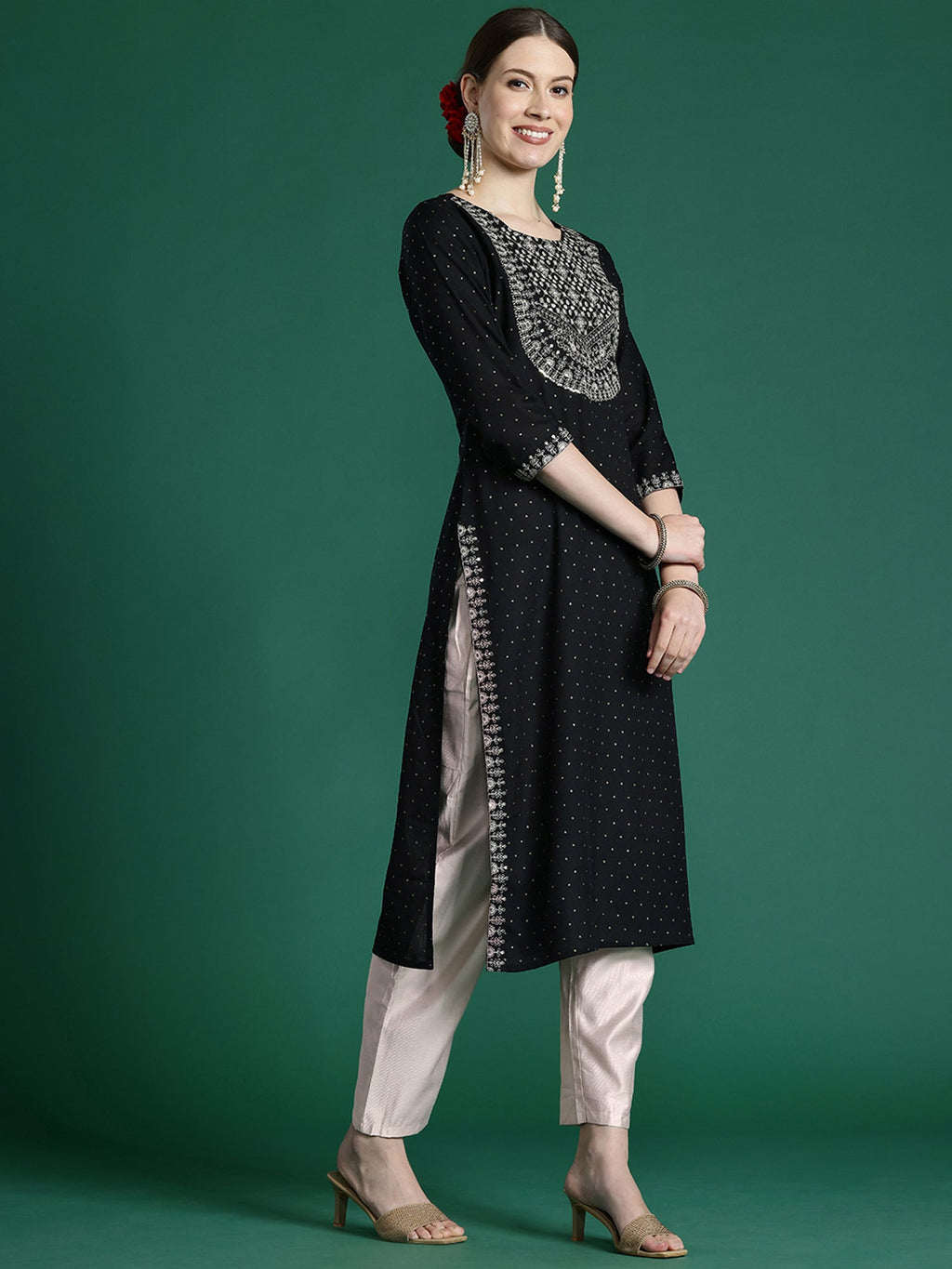 Indo Era Black Embroidered Straight Kurta