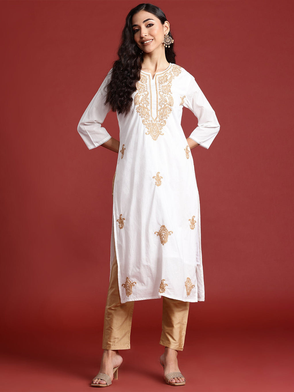 Indo Era White Embroidered Straight Kurta
