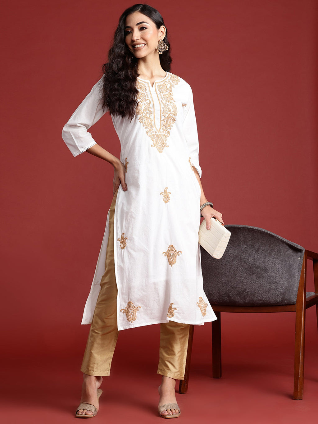 Indo Era White Embroidered Straight Kurta