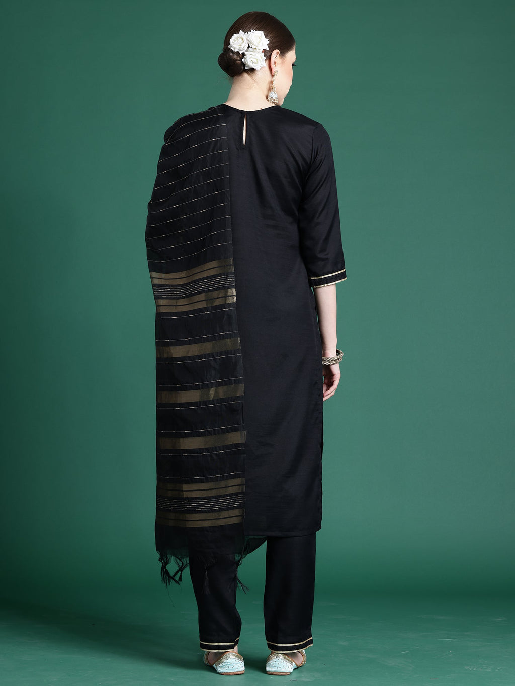 Indo Era Black Self Design Straight Kurta Trousers With Dupatta set