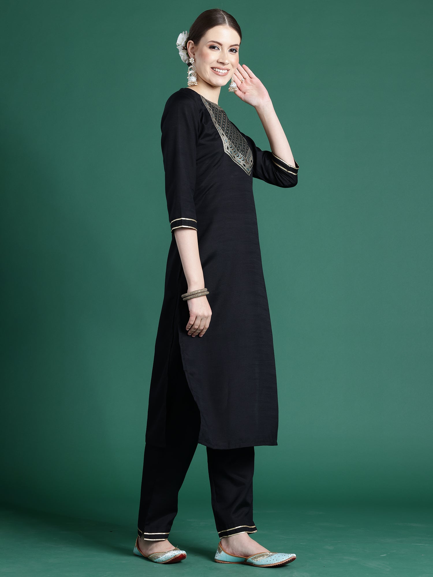 Indo Era Black Self Design Straight Kurta Trousers With Dupatta set
