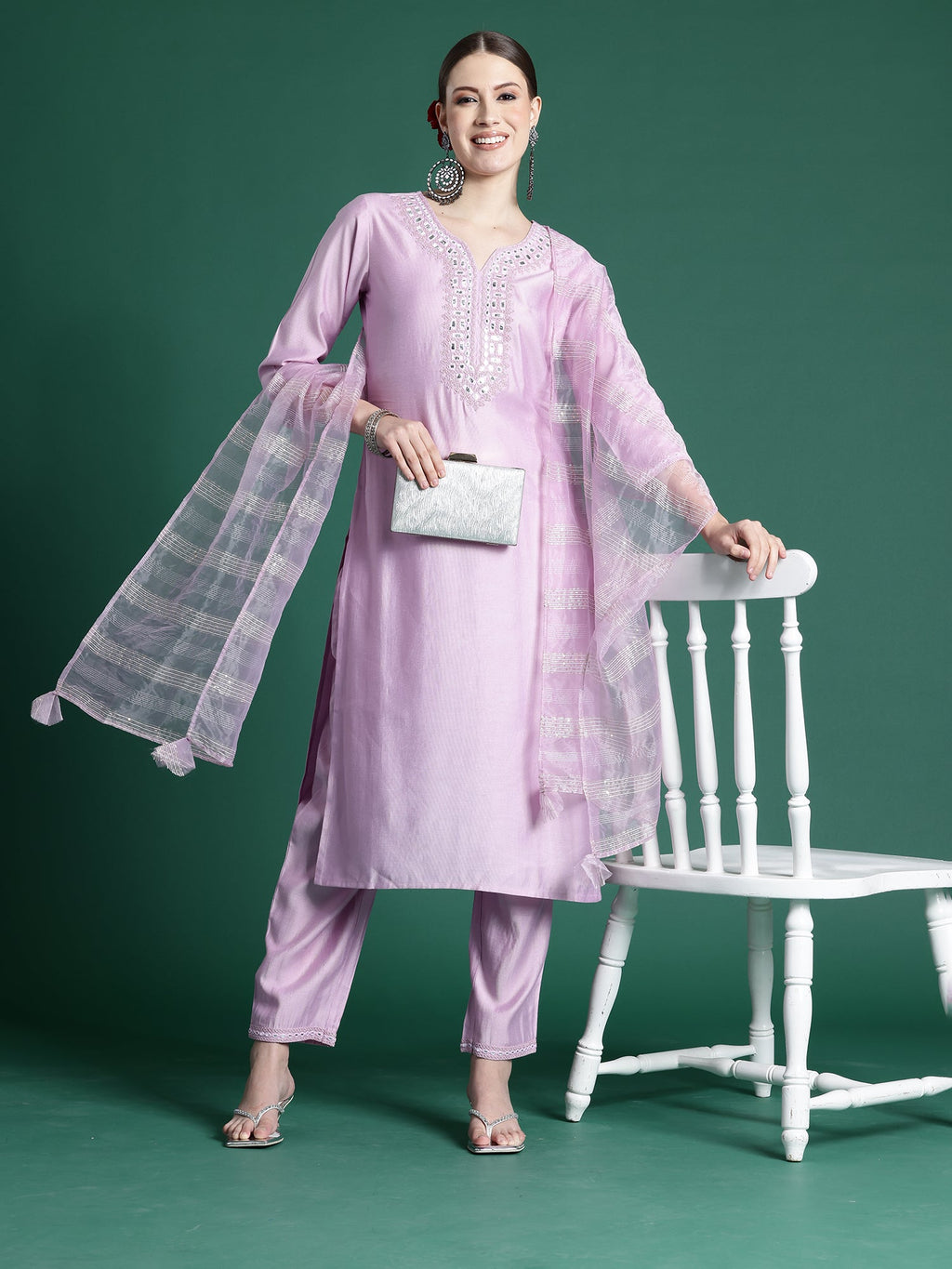 Indo Era Lavender Embroidered Straight Kurta Trousers set