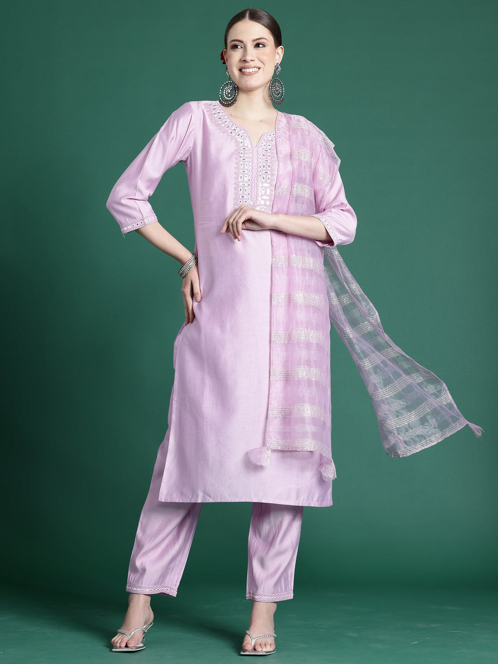 Indo Era Lavender Embroidered Straight Kurta Trousers set