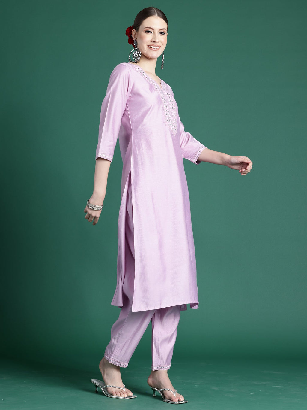 Indo Era Lavender Embroidered Straight Kurta Trousers set